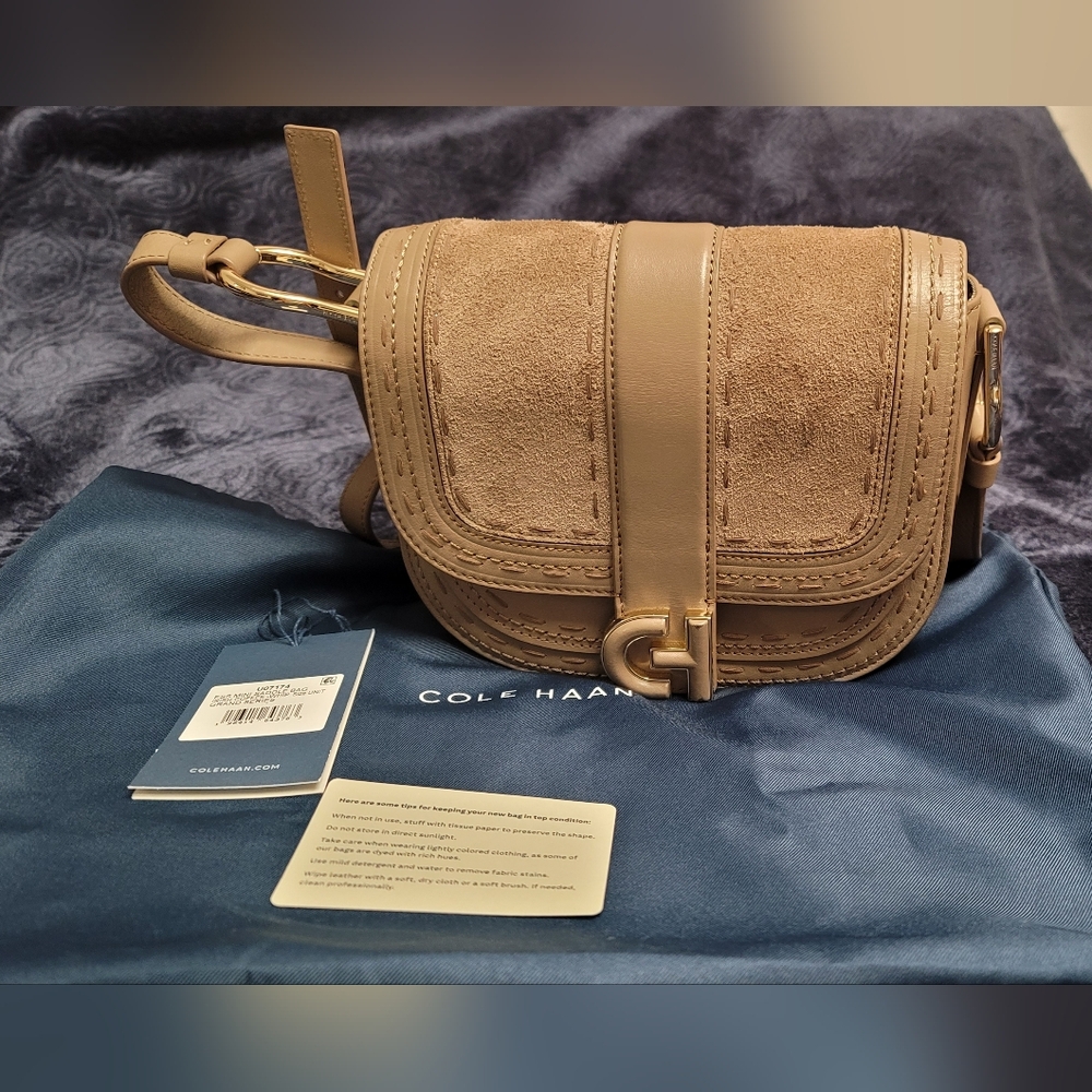 Cole Haan Color Irish Coffee-whipstitch  Suede and Leather Crossbody Bag